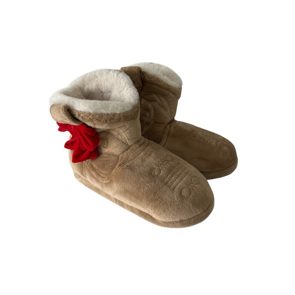 American Eagle Brown Faux Suede Red Bow Bootie Slippers S/M